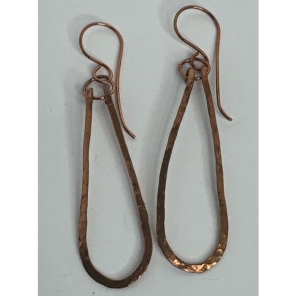 Handmade Oblong Hammered Copper Earrings With Copper French Hooks Minimalist - Picture 2 of 6